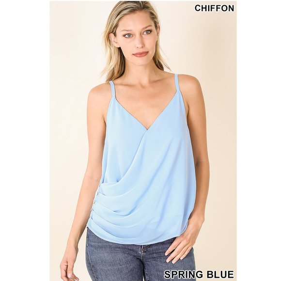 Spaghetti Strap Sleeveless Chiffon Top-Surplice Neck Side Buttons -Spring Blue - Picture 2 of 5